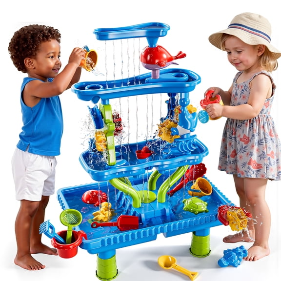 Lucky Doug 4-Tier Water Table Sand Beach Outdoor Toys, Kids Outdoor Toys Water Play Set for Toddlers Boys and Girls Ages 2-6 Years Old