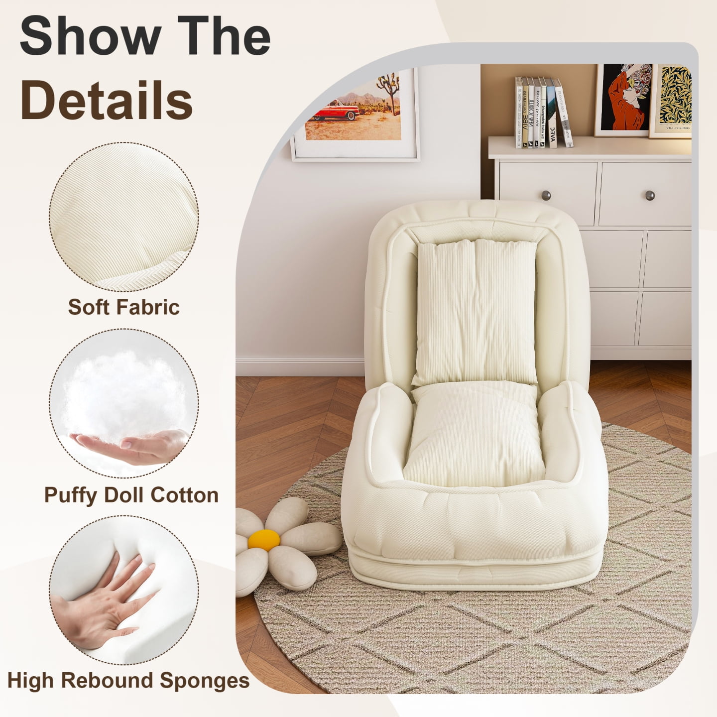 Human Dog Bed with 5 Adjustable Positions, 2 in 1 Folding Lazy Sofa Bed, Corduroy Orthopedic Big Bean Bed for Living Room, Beige