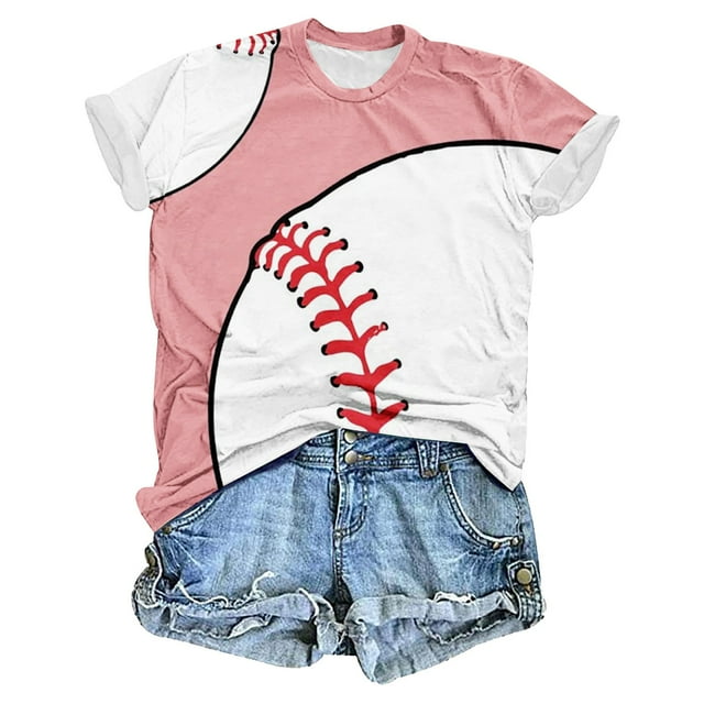 Hvobtty T-Shirt Décontracté à Col Rond pour Femmes à Manches Courtes, T-Shirt Décontracté à Col Rond Imprimé de Baseball pour Femmes à Manches Courtes