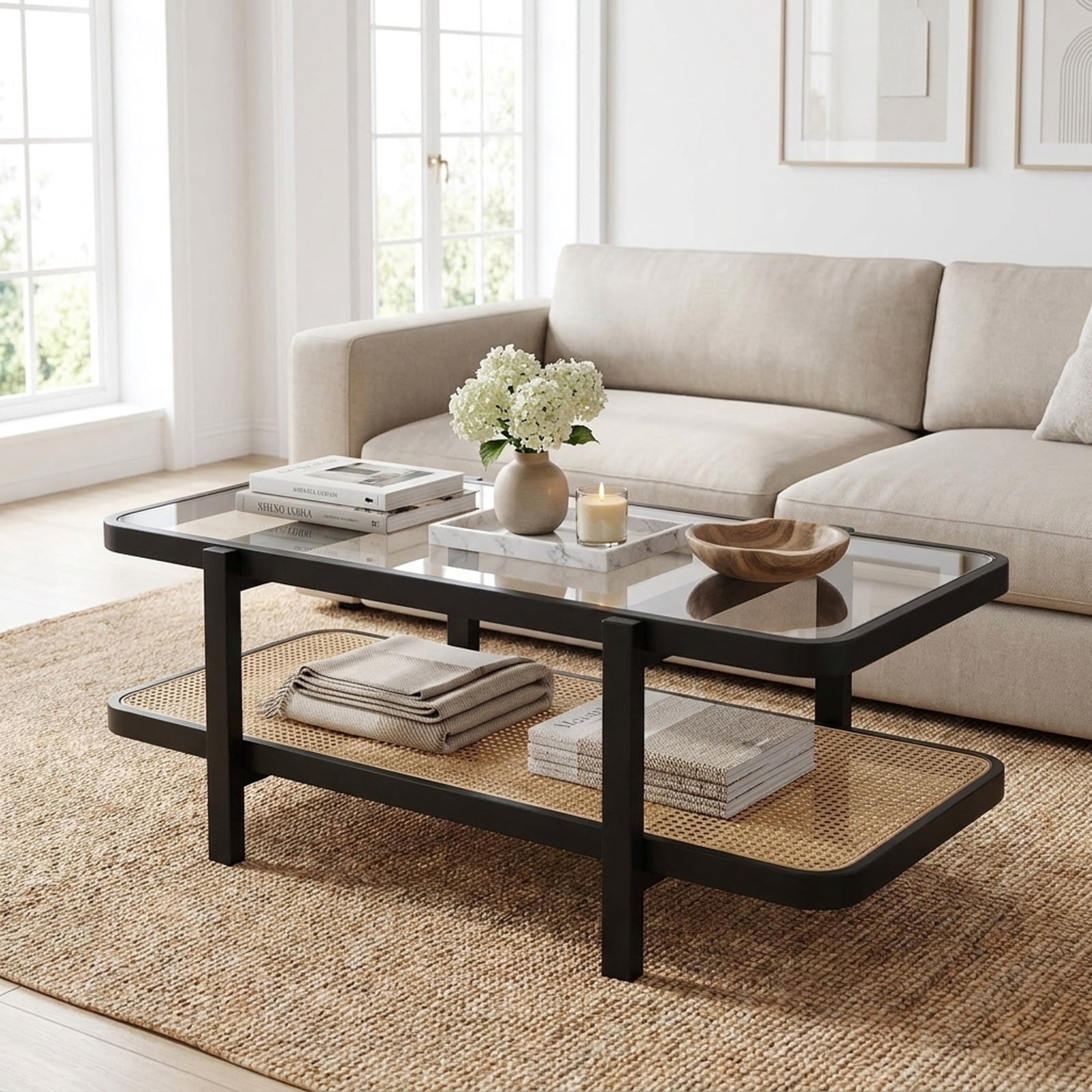 Furnibear 2 Tier Coffee Table with Acacia Wood Frame Tempered Glass Tabletop and Rattan Storage Shelf for Living Room, Brown