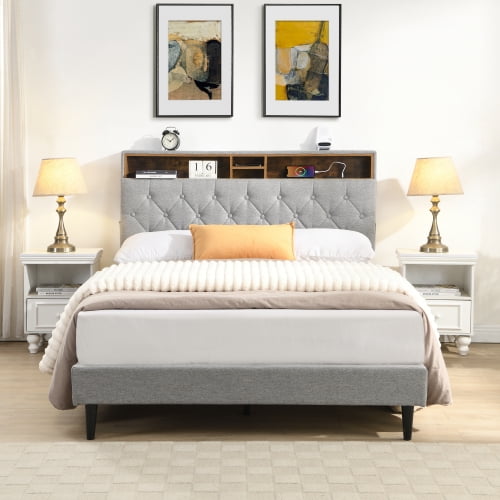 Queen-Size Upholstered Platform Bed Frame with a Modern Button-Tufted Linen Fabric Headboard,USB Ports,Convenient Charging Station,two side-mounted pockets,not require a box spring,Light Grey