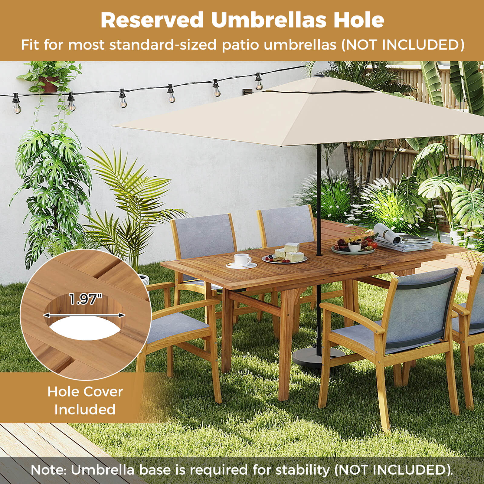 Costway 2 PCS Outdoor Dining Chairs Acacia Wood Patio Chairs with Breathable Fabric Seat