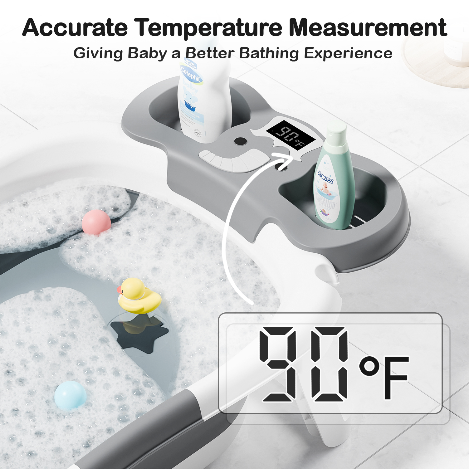 Aprpink Foldable Baby Bathtub with Thermometer, Gray photo 6