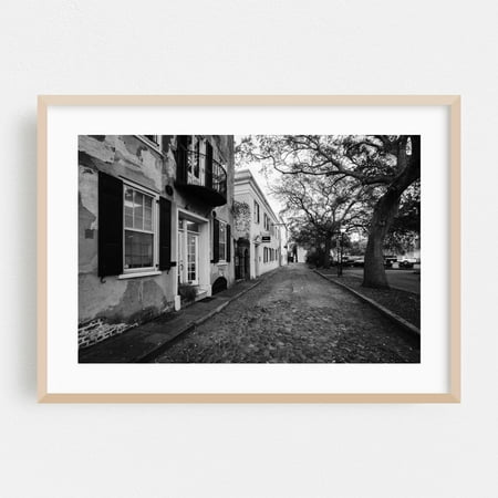 Cobblestone Charleston B&W - Charleston South Carolina Photography Black and White Street Photography Architecture Vintage City Rustic Scenic Oak Framed Wall Art Print 5 x 7 inches
