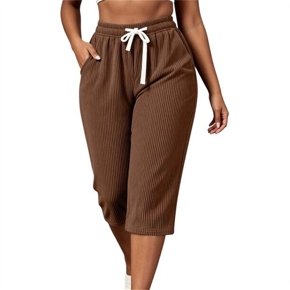 Ruimatai Women Capri Cropped Pants High Waist Drawstring Elastic Waistband Side Pockets Ribbed Textured Loose Casual Summer Trousers