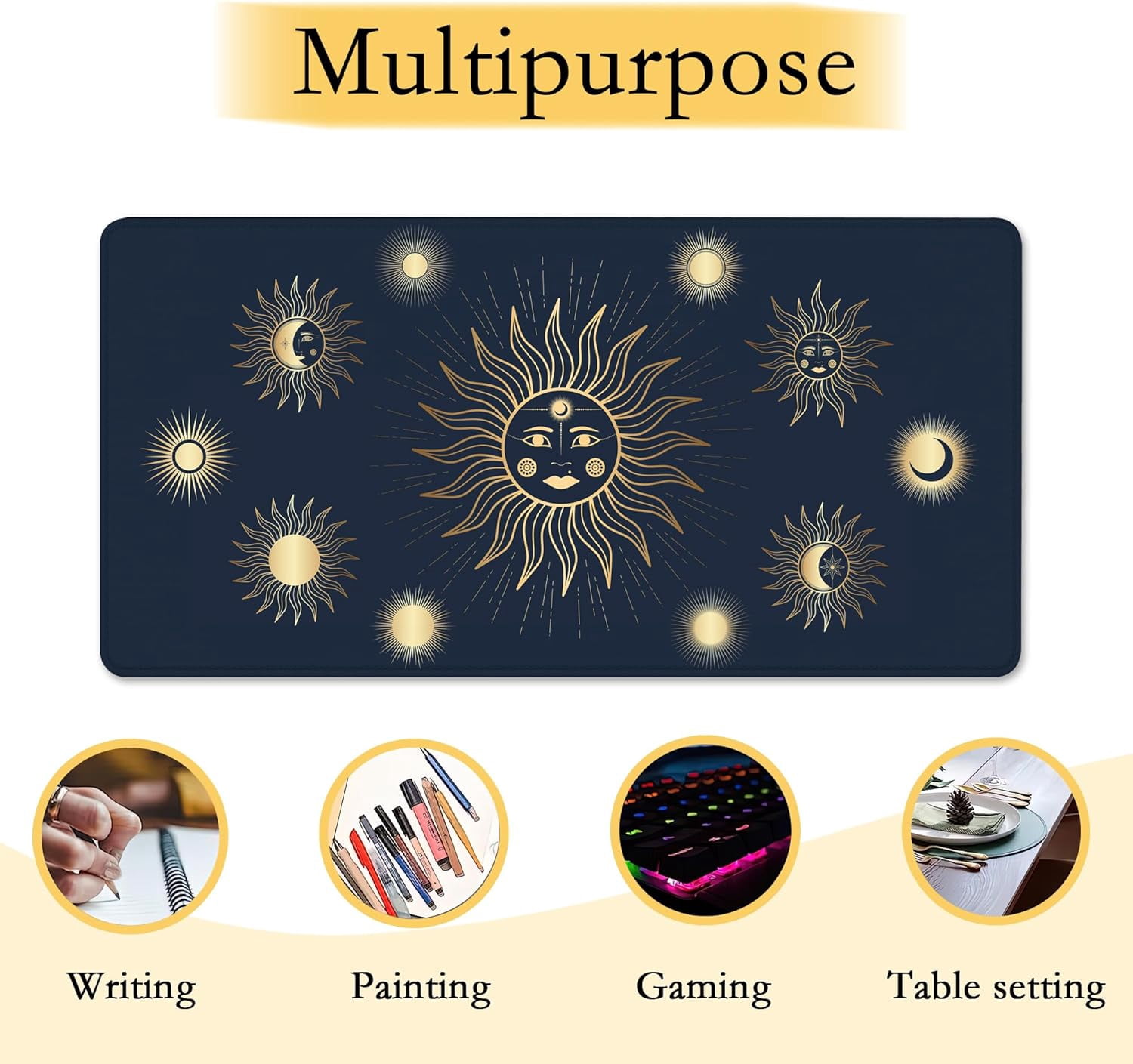 Gold Sun Star Moon Desk Mat,Large Gaming Mouse Pad,Non-Slip Rubber Base Mousepad with Stitched Edges,Waterproof Mouse Mat Desk Pad for Work, Game, Office (31.5x15.7 in)