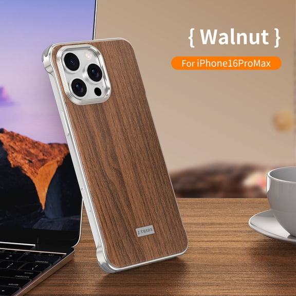 ELEHOLD Magnetic Case for iPhone 16 Pro Max, Frameless Shockproof Wood Grain Aluminum Phone Case, Wireless Charging Compatible,A