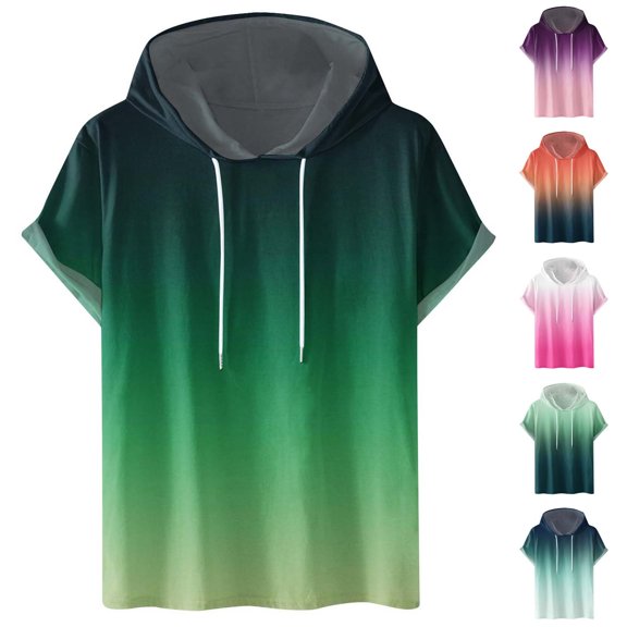Agkizg Men Athletic T Shirts Gradient Print Short Sleeve Hooded Tops Pullover Loose Fitting Workout Casual Daily Wear