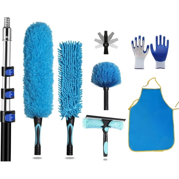 BBTEQEKN Telescopic Duster 20 Foot High Reach Duster Cleaning Kit, 3.6-12 Foot Extension Pole, Gloves and Aprons, Reusable Cobweb Cleaner, 2 in 1 Window Squeegee Cleaner Kit Blue