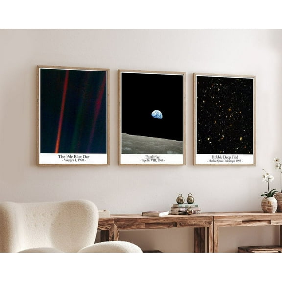 Luvia Pale Blue Dot Earthrise And Hubble Deep Field - Set Of 3 Space Prints, Modern Wall Decor Set 3 Prints 8x12 UNFRAMED