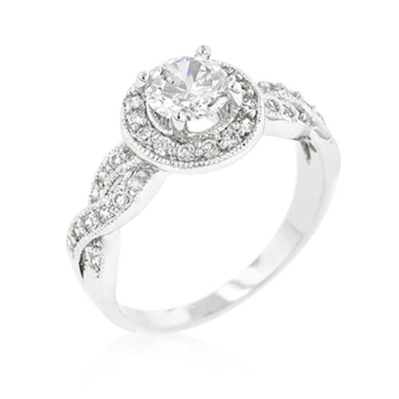 Genuine Rhodium Plated Engagement Ring with Round Cut Center Stone Hoisted by CZ Accented Halo in Silvertone - Size 8