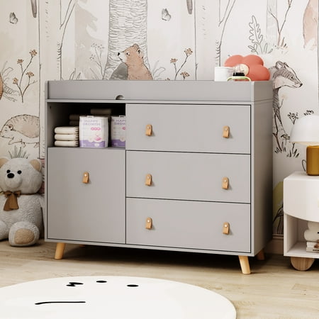 KULAGAGA Changing Table Dresser Baby Nursery Dresser with 3 Drawers and Shelf Top Guardrail and Large Storage Cabinet Hidden Trash Storage Baby Changing Dressers for Nursery Room Gray