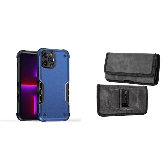 Case with Belt Holster Bundle for iPhone 14: Slim EX Hybrid Series Shockproof Case (Blue) and Rugged Denim Nylon Phone Pouch (Grey)