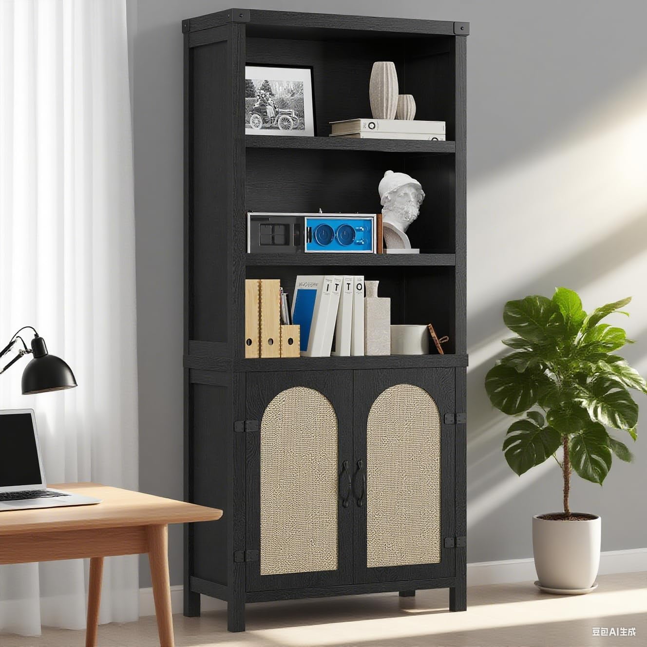 Farmhouse Bookshelf with Doors – 70 Tall 5-Tier Wide Width Bookcase – Large Open Storage Shelves and Cabinets – Floor Standing Display for Home Office Living Room Library – Black Wood Grain