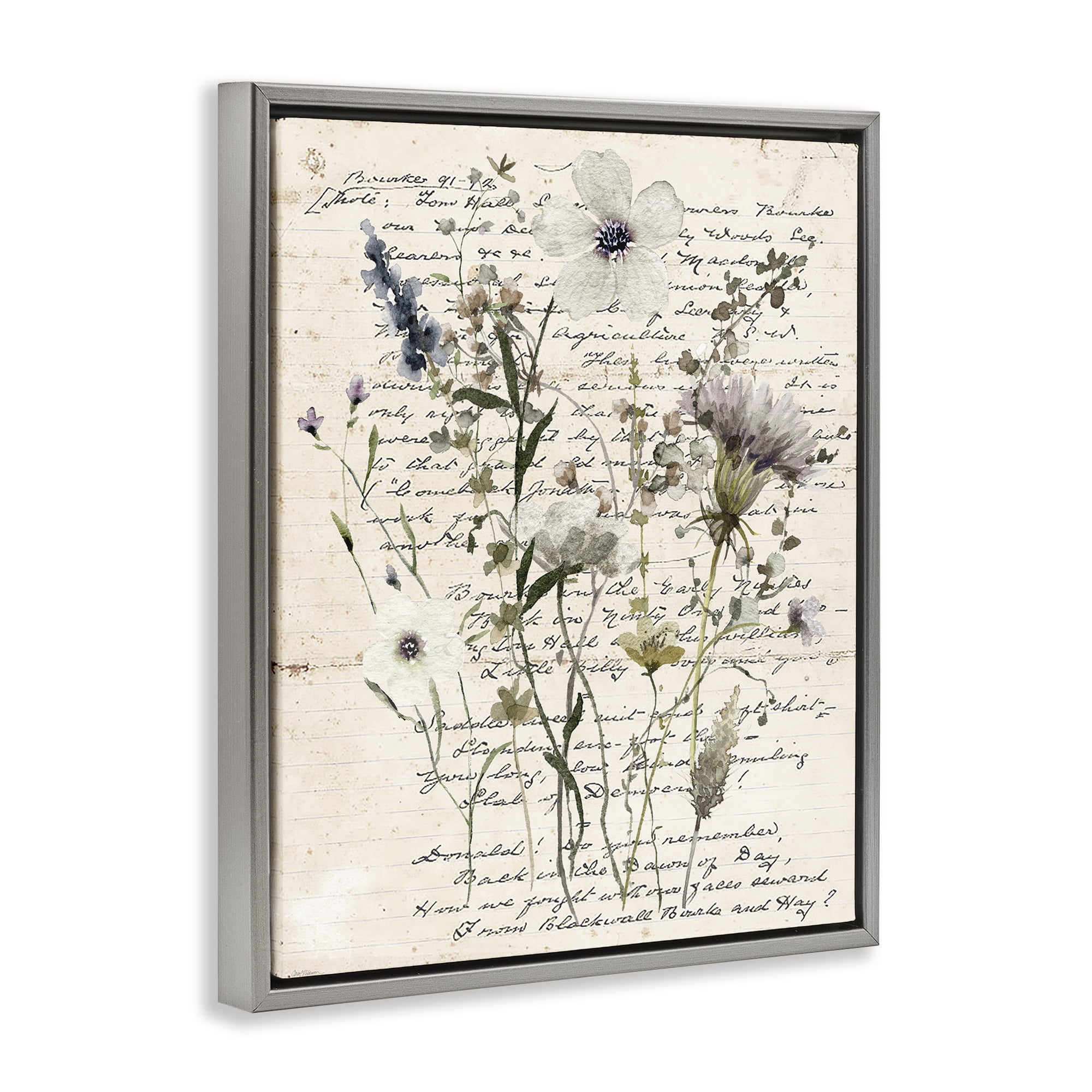 Stupell Industries Pressed Flowers on Page Plants & Flowers Painting Gray Floater Framed Canvas Art Print Wall Art, 25 x 31