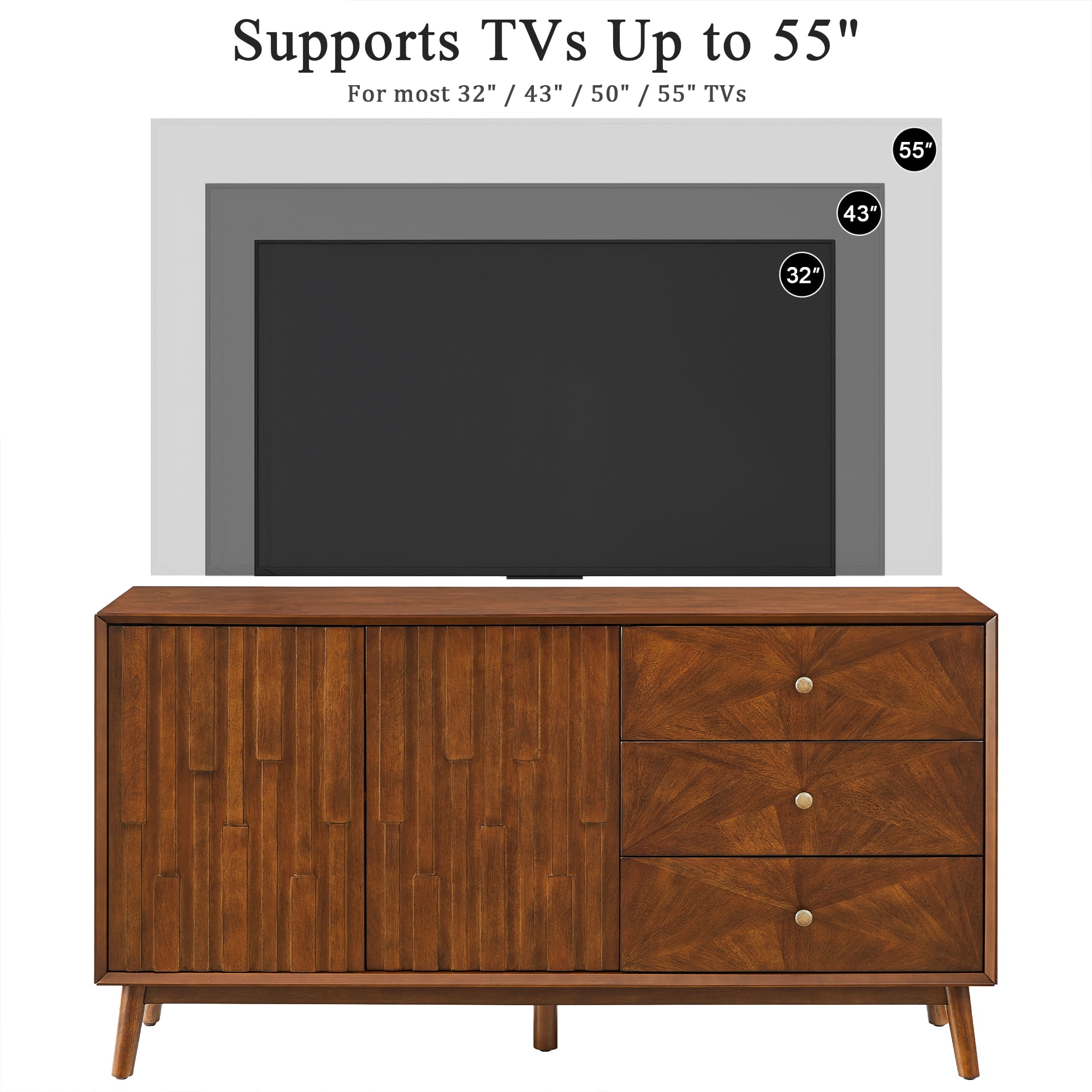 56-Inch Mid-Century TV Stand with 3 Drawers and 2 Doors, Wood Entertainment Center and Sideboard Buffet Cabinet, Walnut Brown