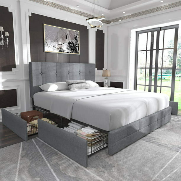 Allewie Light Grey Queen Platform Bed, Bed Frames With Drawers Underneath Queen