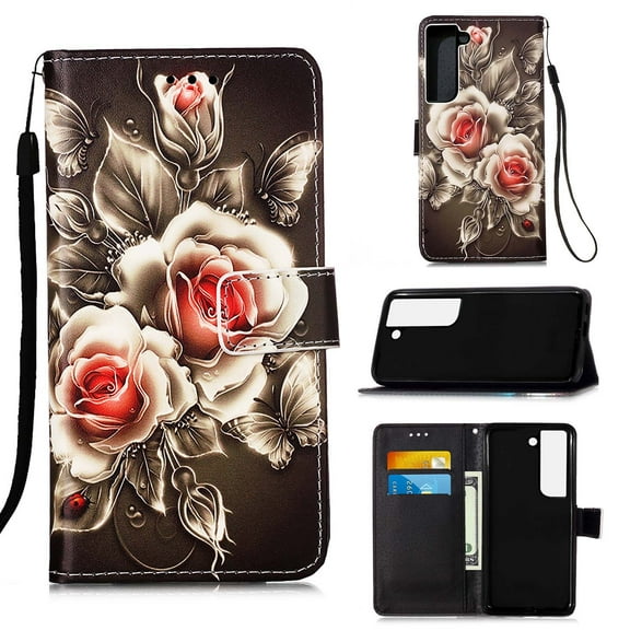 For Samsung Galaxy S22 Case 5G, Mantto Magnetic Cute Slim With Hand Rope Strap Patterned Flip Cash Slot and Card Slot Case,Kickstand Phone Skin For Samsung Galaxy S22, Rose Flower