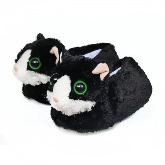 Onmygogo Indoor Fuzzy Winter Animal Cat Plush Slippers for Women and Men(Size 7-8.5, Black)