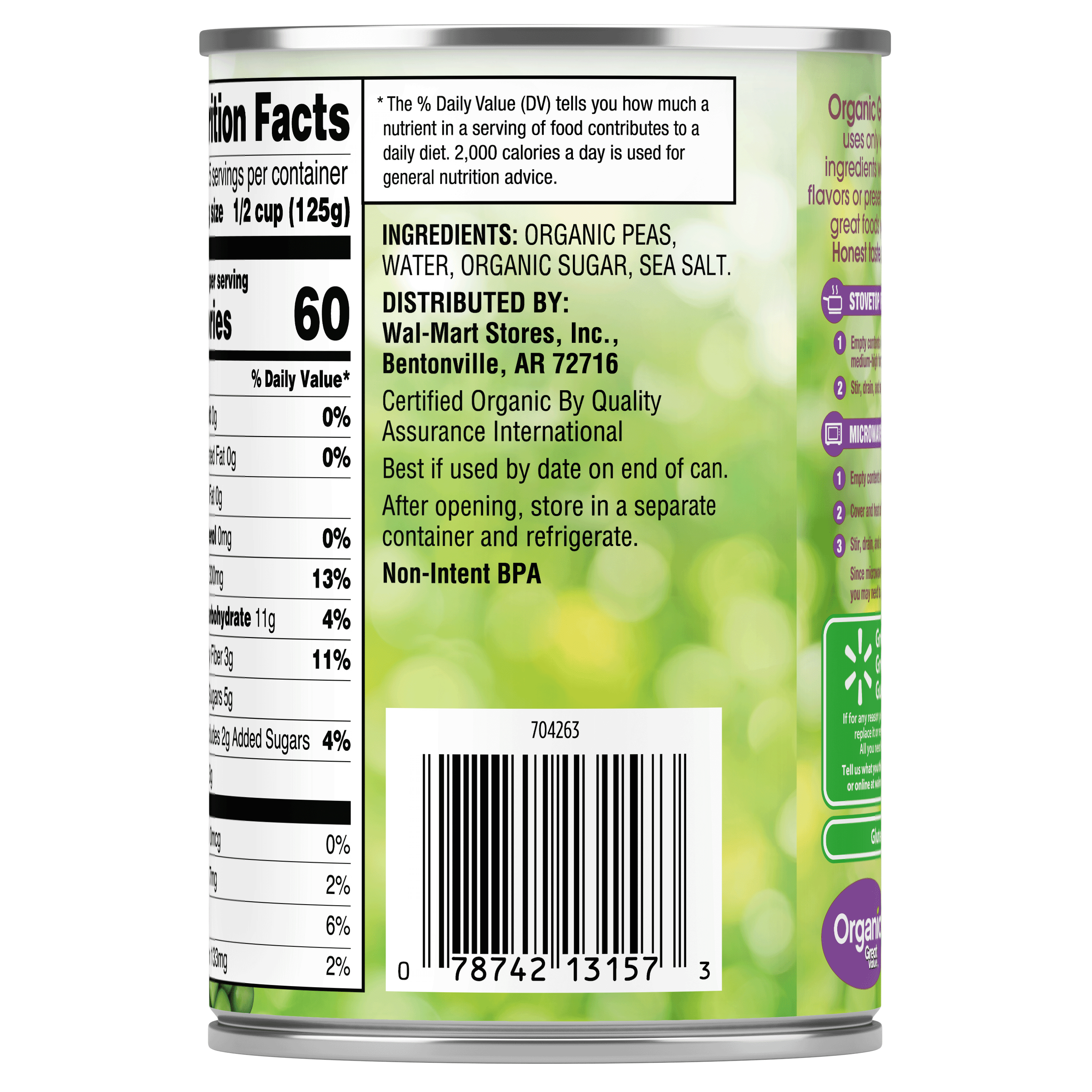 Great Value Organic Peas, 15 oz