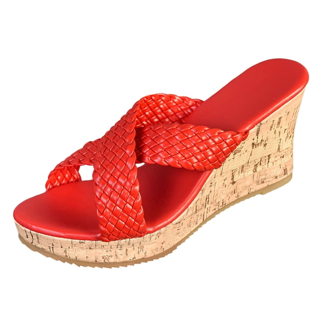 Wedges Sandals for Women Slip On Cork Platform Sandals Backless Open Toe Non Slip Walking Dress Slides Red Size 9
