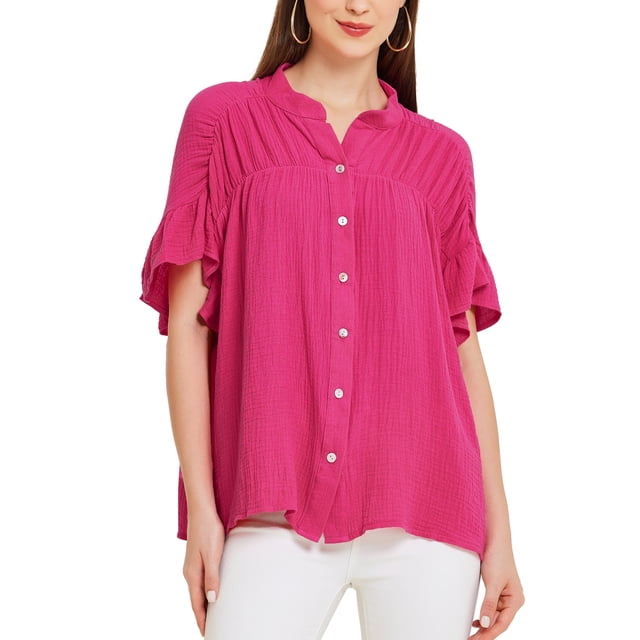 INSPIRE CHIC Women's Casual Button Up Textured Ruffle Sleeve Blouses Hot Pink XL