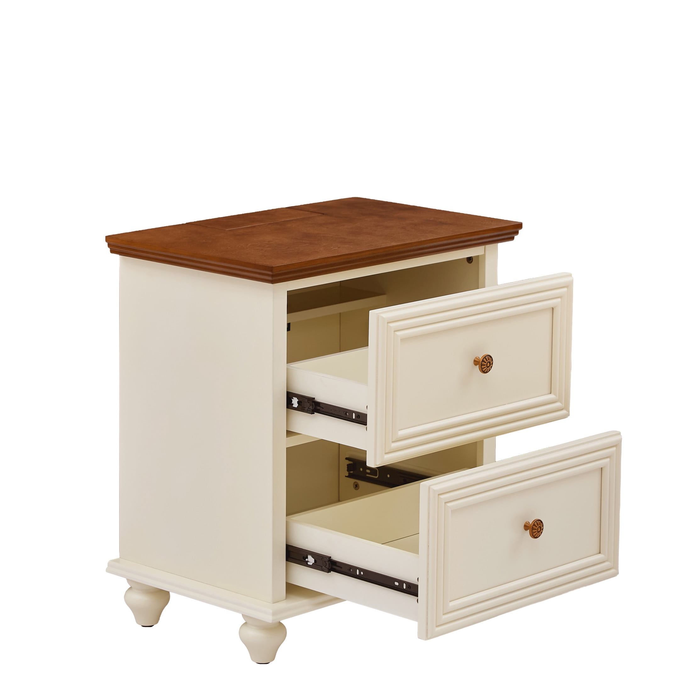 GDF Studio 22.9" Mid Century Modern Nightstand with Charging Station, 2 Drawers & Outlet, Brown+White