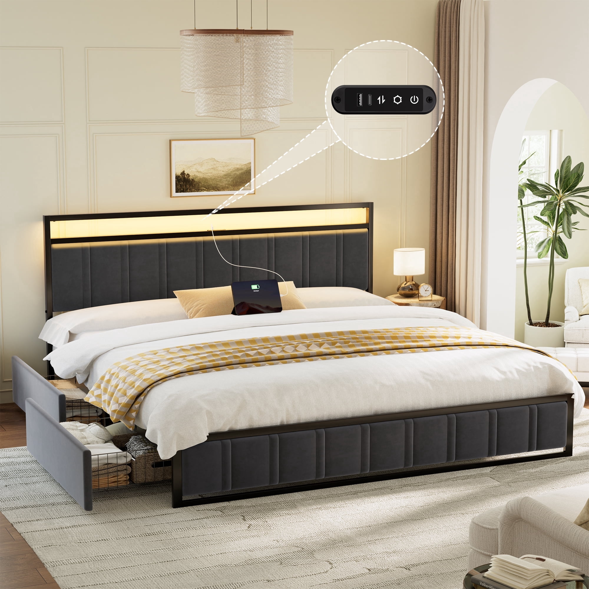 GUNAITO King Bed Frame with Headboard, Platform Bed with 2 Drawers, Velvet Upholstered Bed Frame with LED Lights & Charging station，Dark Grey