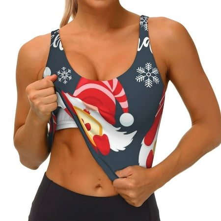 Qokaie Three Cute Christmas Gnomes Pattern Womens Scoop Neck Sports Bra Breathable Workout Vest Padded U Back Medium Impact Fitness Gym Yoga Bra Workout Crop Top