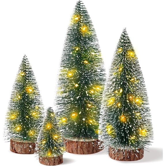 4PCS Mini Christmas Tree with Lights, Bottle Brush Trees, Christmas Table Decorations, Small Christmas Village Trees for Xmas Holiday Party Home Craft (Lighted No batteries included)