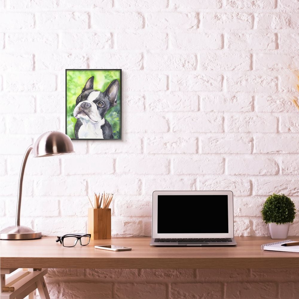 Stupell Industries Cute Boston Terrier Dog Pet Animal Watercolor Painting Framed Giclee Texturized Art by George Dyachenko