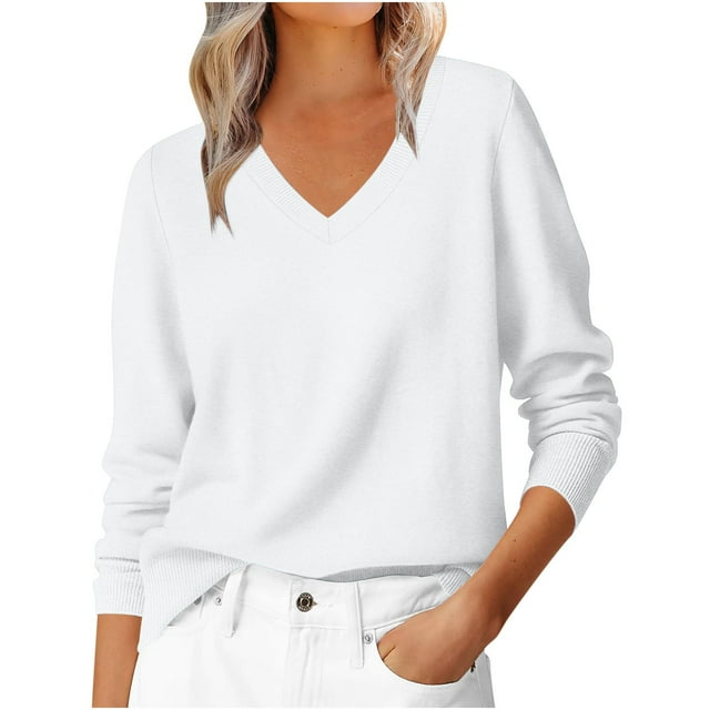 JGGSPWM Chandails en Coton d'Automne pour Femmes Décontractés Classiques Unis à Manches Longues à Col en V Doux Amples Basiques Chandail à Enfiler Haut Léger en Tricot Blanc m