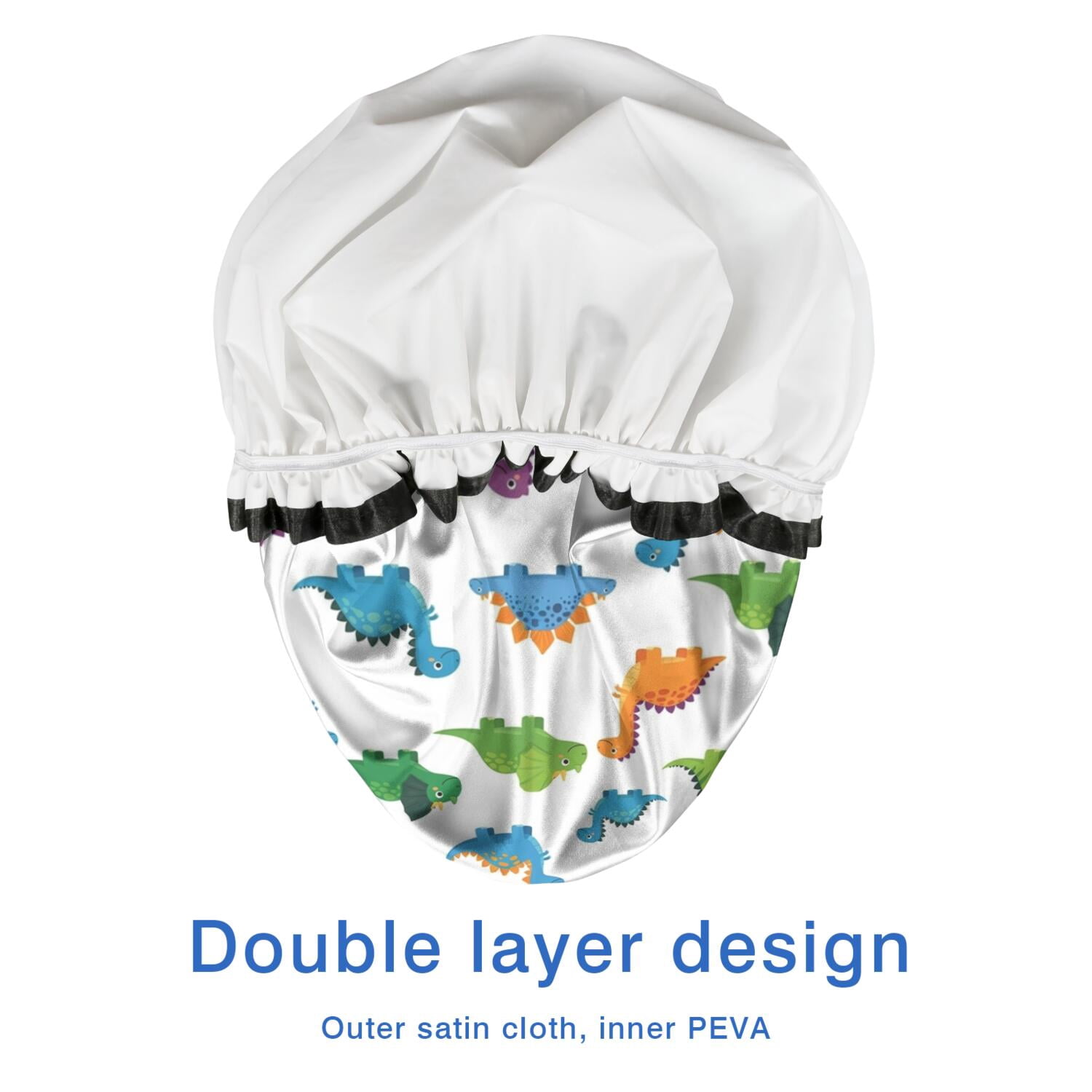 Shower Caps,White Dinosaurs Pattern Waterproof Shower Cap for Women 4 Pieces,Double Reusable Hair Cover for Shower PEVA Elastic Stretch Hem