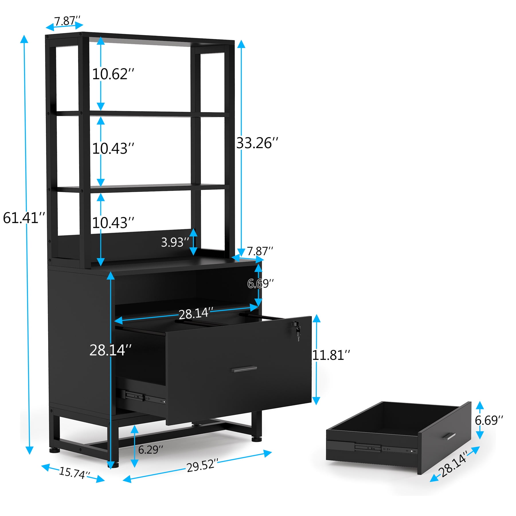 Tribesigns 2 Drawer Locking File Cabinet with Bookshelf Black Durable Storage