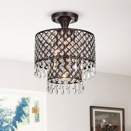 

Edvivi Lighting Antique Copper 3-Light Beaded Dual Drum Crystal Semi Flush Mount - Antique Copper