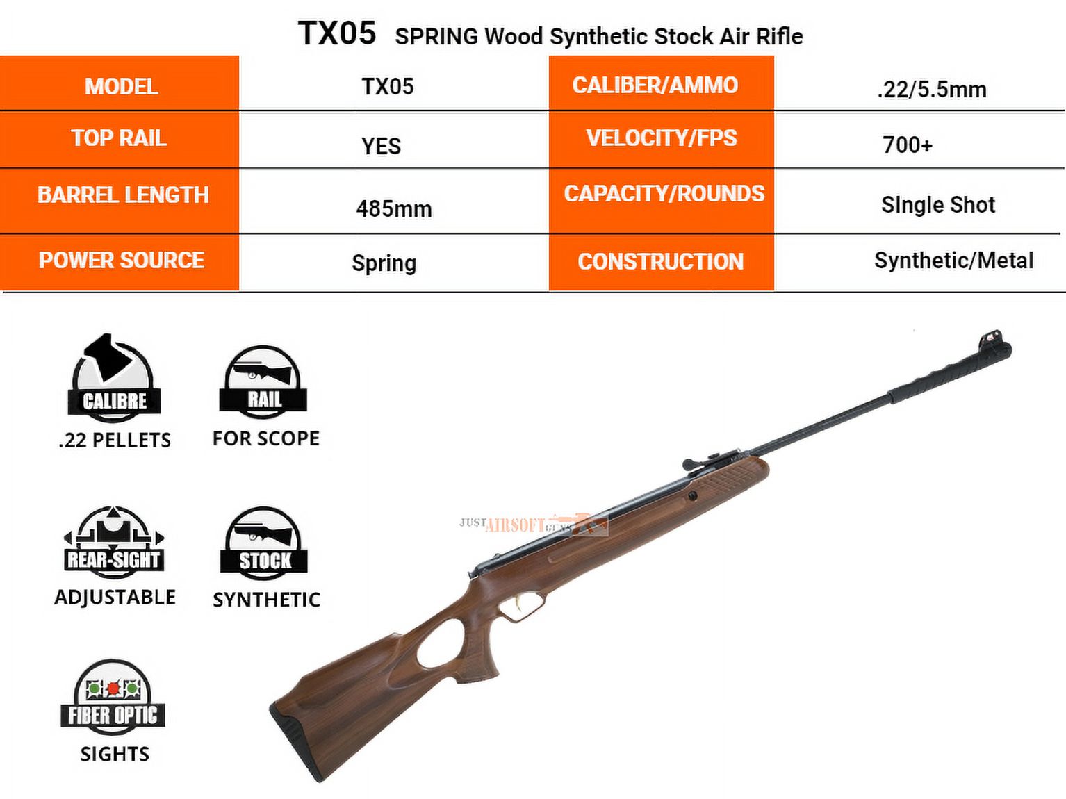 Trimex Arms Air Rifle .22 Caliber Spring Power Wood Look 485mm Break Barrel 700+ fps W/ 200 RDS 5.5mm Pellet
