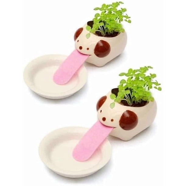 2024 Mini Self-Suction Ceramic Flower Pots with Tray for Succulents Cactus Flower Pots Decoration for Home, Office, Indoor Puppy