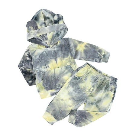 

Binhe Boys Autumn Sports Style Long Sleeve Round Neck Bear Ears Pullover Suit Tie Dye Print Pants with Pocket Designed for Cozy and Cute Looks