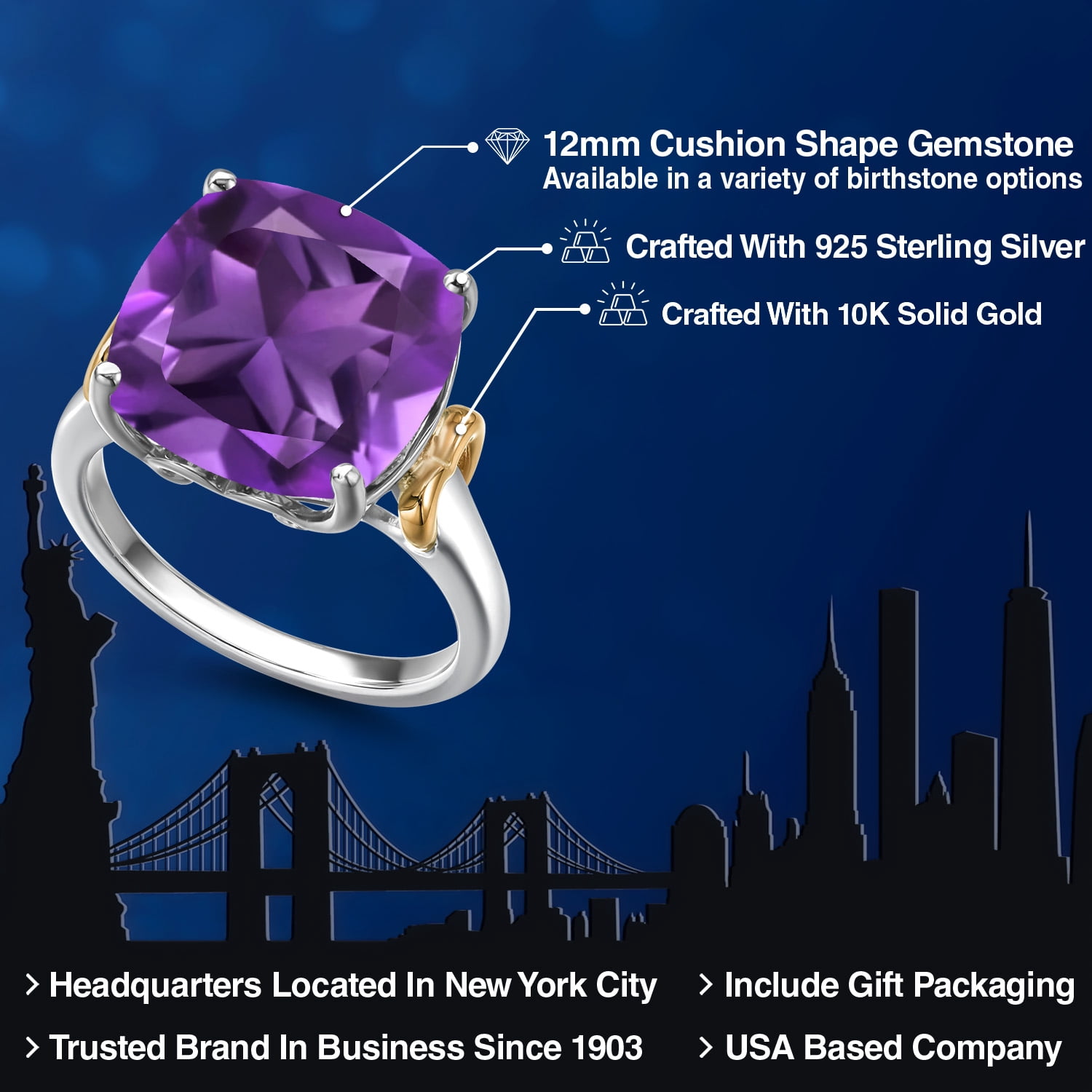 Gem Stone King 925 Silver and 10K Yellow Gold Purple Amethyst Solitaire Engagement Ring for Women | 6.40 Cttw | Cushion 12MM | Gemstone February Birthstone | Size 8