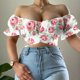 thumbnail image 4 of Blusa corta fruncida con hombros descubiertos y estampado de manga corta sin tirantes para mujer Pompotops hkajfhjk473551, 4 of 6