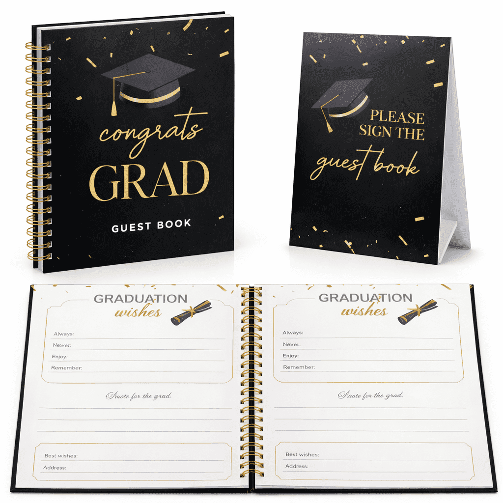 Graduation Guest Book - Black Hardcover - Gold Spiral Binding - 120 Pages - Grad Guestbook