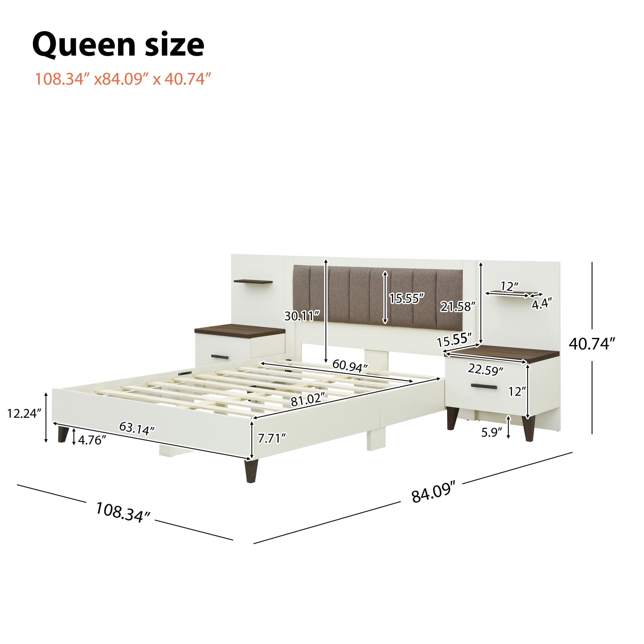 Christopher Knight Home Upholstered Queen Bed Frame with 2 Nightstands & Floating Shelves, Brown+White