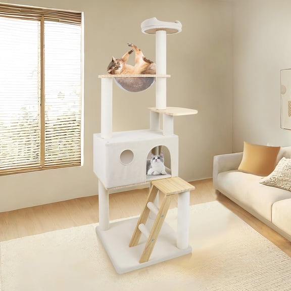 Jopath Wood Cat Tree With Large Condo Wood Ladder And Transparent Spacecraft 165cm Scratching Posts & Plush Perches For Indoor Cats