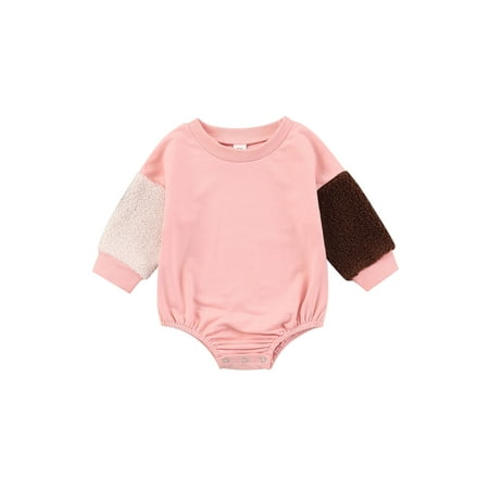 

Qiylii Infant Girls Long Sleeve Romper with Plush Patchwork Classic Crew Neck Casual Style Clothing 0-18M