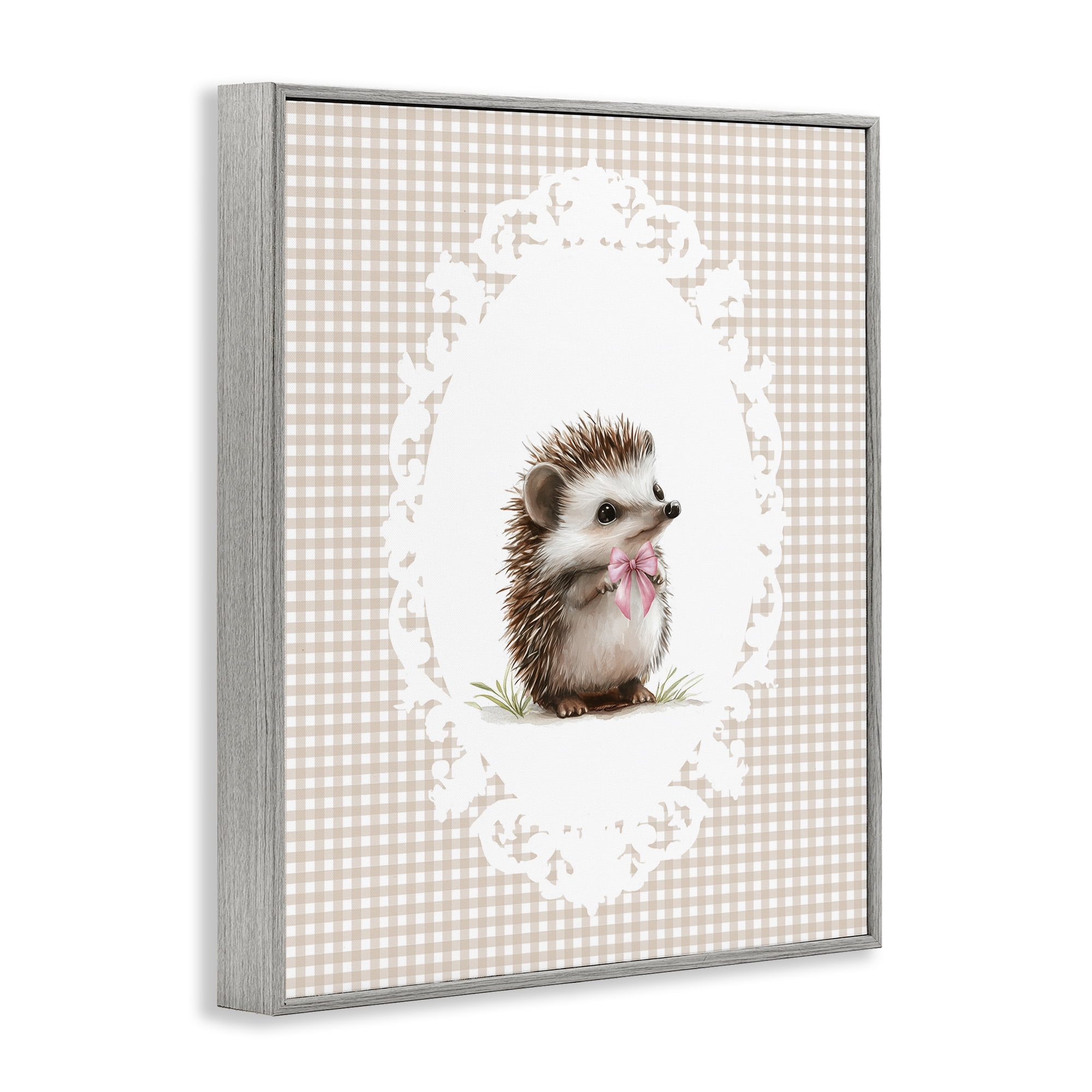 Stupell Industries Vintage Bow Hedgehog on Gingham Gray Framed Giclee Art, design by Christine Simpson Art
