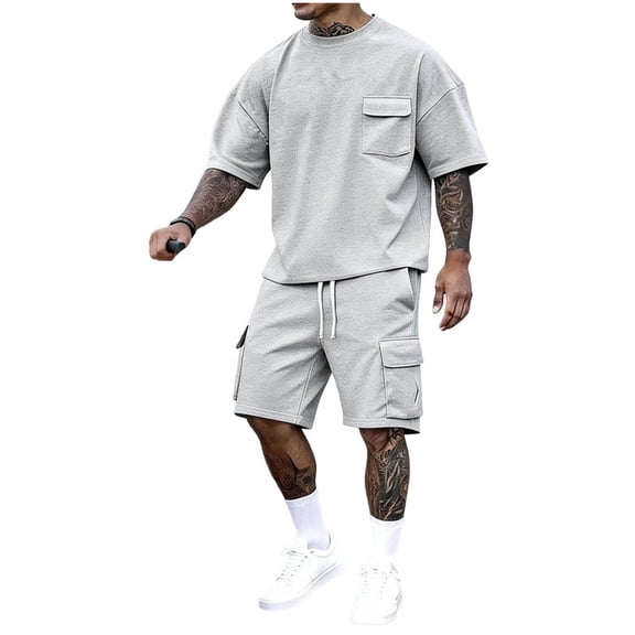 Avirosel Men's Casual 2-Piece Set Short Sleeve Half-Button Top and Elastic-Waist Sports Shorts Solid Color Jogger Outfit for Outdoor Workouts