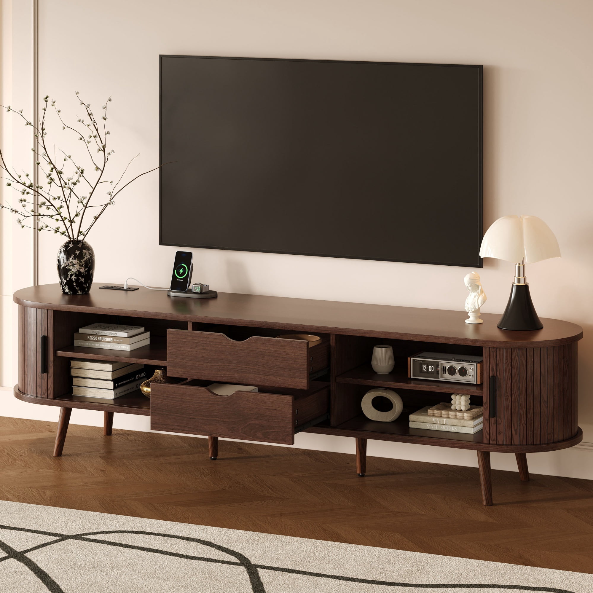 TV Stand for TVs up to 80 Inch, Mid-Century Modern Entertainment Center with Tambour Doors & Power Outlet, Media Console for Living Room