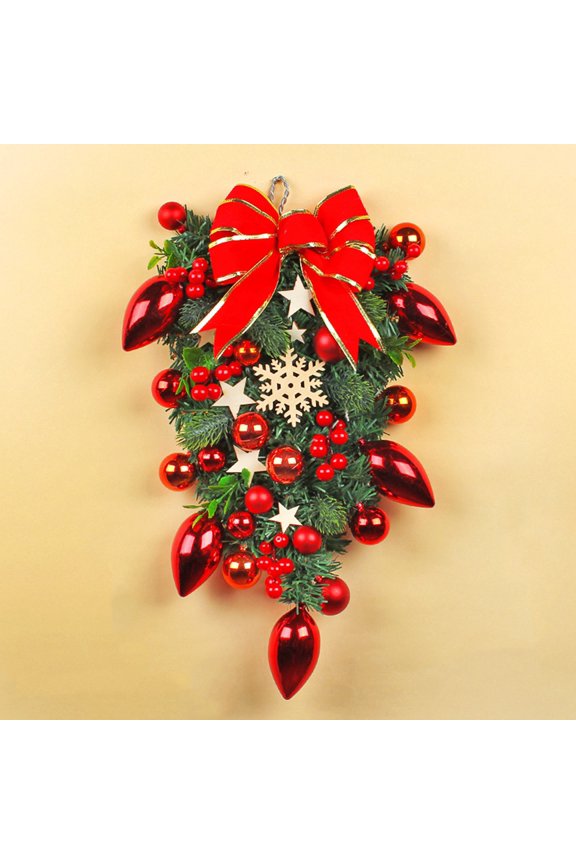 20" Christmas Teardrop Swag for Front Door, Artificial Swag Decoration with Berry, Ball and Bow Tie Ornaments for Indoor Outdoor Home Xmas Decor