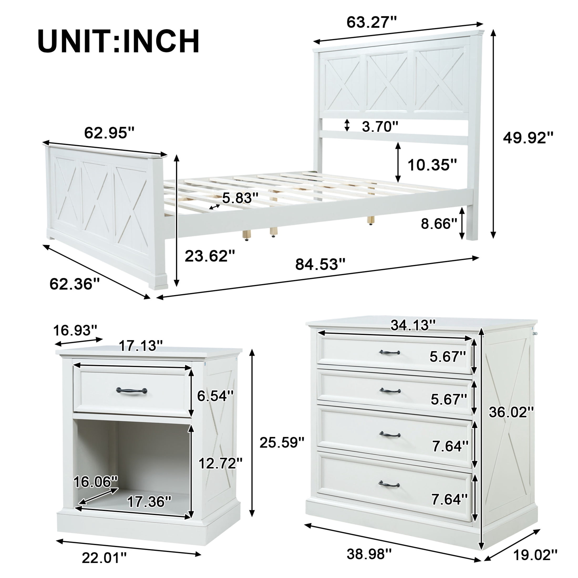 Noble House 4 Piece Queen Bedroom Set with Platform Bed, 2 Nightstands and Dresser, White