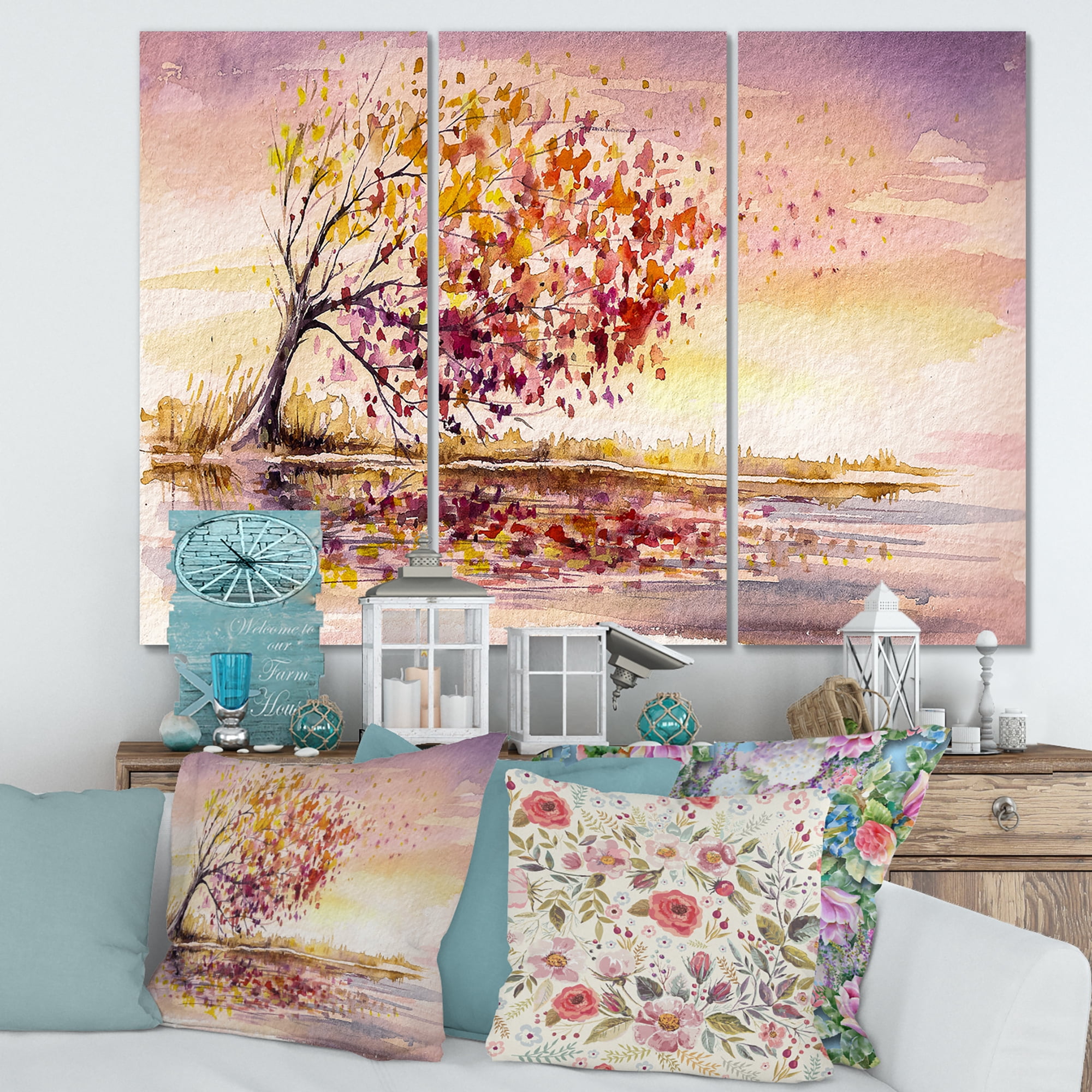 Designart ' Orange and Yellow Autumn Tree ' Traditional Canvas Wall Art Print